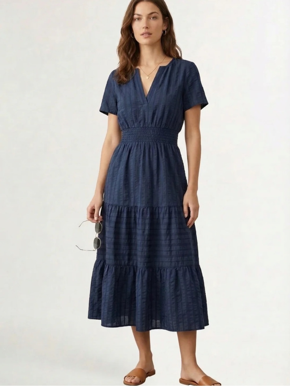 Lohnr Solene Cotton Smocked Waist V-Neck Midi Dress in navy